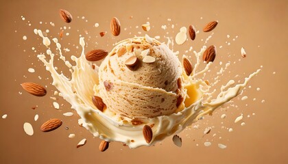Almond swirl ice cream hurled at creamy pastel ivory, brown background