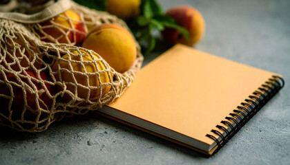 Summer flat lay on a concrete background Peach notepad and an eco-friendly mesh shopping bag