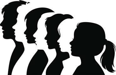 Silhouette of diverse people side profiles, male and female heads in black and white, group faces illustration, isolated human crowd side view vector