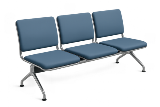 Modern blue waiting chairs with metal frame isolated on transparent background