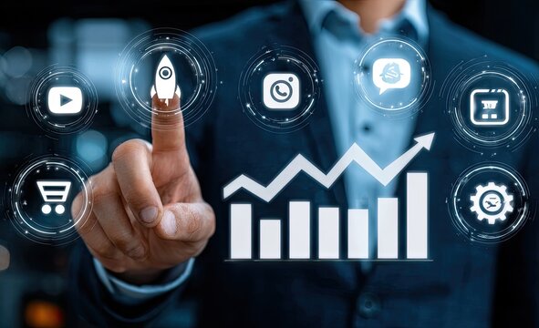 Businessman's finger interacts with digital growth chart overlaid with social media icons