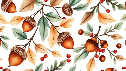 A seamless watercolor pattern of acorns, leaves, and berries evokes the essence of autumn, perfect for seasonal designs and thanksgiving celebrations