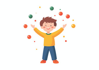 Fototapeta premium Happy Child Juggling Colorful Balls Vector Illustration Isolated on White Background Concept for Print Web Design Banner Poster Sticker Card and Textile Design