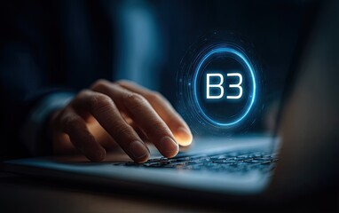 Business person using laptop with holographic B3 symbol