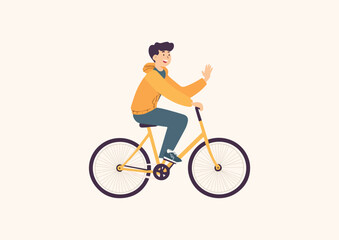 Naklejka premium Happy man riding bicycle waving hand vector illustration isolated on white background concept for print web infographics banner poster sticker card and textile
