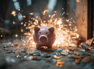 Pink piggy bank surrounded by sparks and broken glass