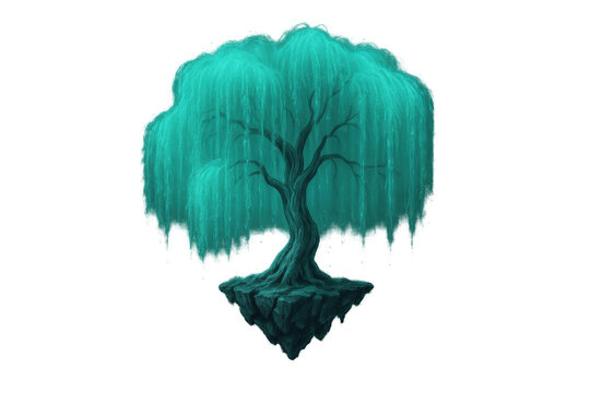 Magical glowing turquoise willow tree sprouting from floating rock, suspended against transparent backdrop, enchanting fantasy visual design element