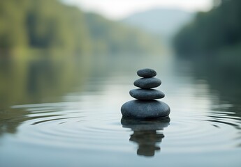 Tranquil Stone Stacking in Calm Water