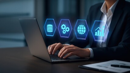 A professional types on a laptop with floating business icons like global supply chain and data analytics in a minimalist office, Enterprise Resource Planning System, erp, sap
