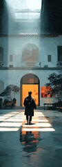 Solitary Figure in Architectural Space with Light and Shadows