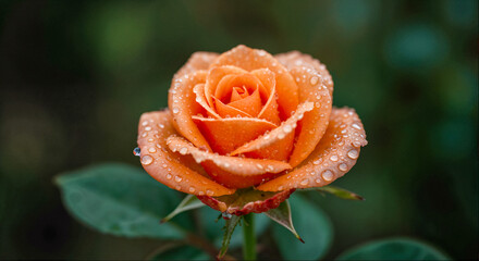 Close-up view of a blooming orange rose with water droplets on its petals in a garden setting during daytime