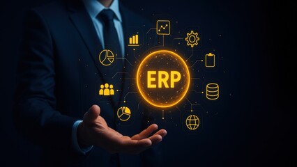 A glowing ERP orb above a businessperson hand surrounded by business icons, Enterprise Resource Planning System, erp