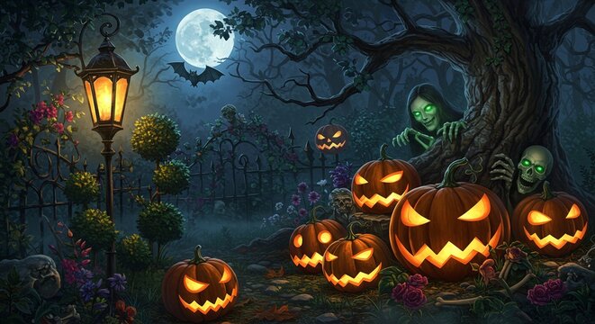 Witching hour street scene with jack-o'-lanterns