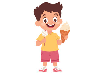 Happy Boy Eating Ice Cream and Popsicle Vector Illustration isolated on White Background Concept for Print Web Design Banner Poster Sticker Card and Textile