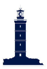 Vector silhouette of a massive blue lighthouse on white background. Bold, minimalist design ideal for nautical themes, guiding light concepts, and coastal branding visuals.