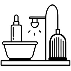 Obraz premium Sink scene with dish soap, scrub brush, sponge holder, and drying rack — bright lighting and soft reflections.