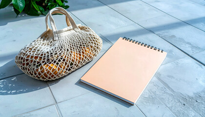 Summer flat lay on a concrete background Peach notepad and an eco-friendly mesh shopping bag
