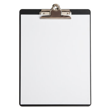 A blank white sheet of paper held securely by a classic metal clip on a sturdy black clipboard isolated on transparent background