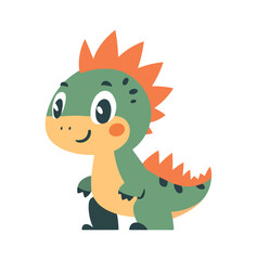 Cute Green Dinosaur with Orange Crest and Spikes Vector Illustration Isolated on White Background Cartoon Character Design for Children Products, Books, Posters