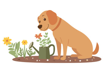 Cute dog sitting near watering can and flowers vector illustration isolated on white background concept for print web design banner poster sticker card and