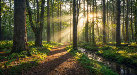 Sunlight filters through trees in a tranquil forest pathway by a stream surrounded by ferns during the morning