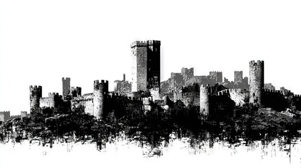 Obraz premium A monochromatic image of an urban landscape featuring a towering clock in the center and lush greenery framing the composition