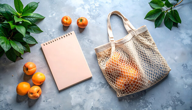 Summer flat lay on a concrete background Peach notepad and an eco-friendly mesh shopping bag