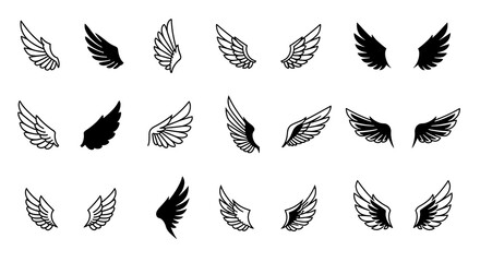 Various angel wings illustrations in black and white displayed on a white background in a grid layout