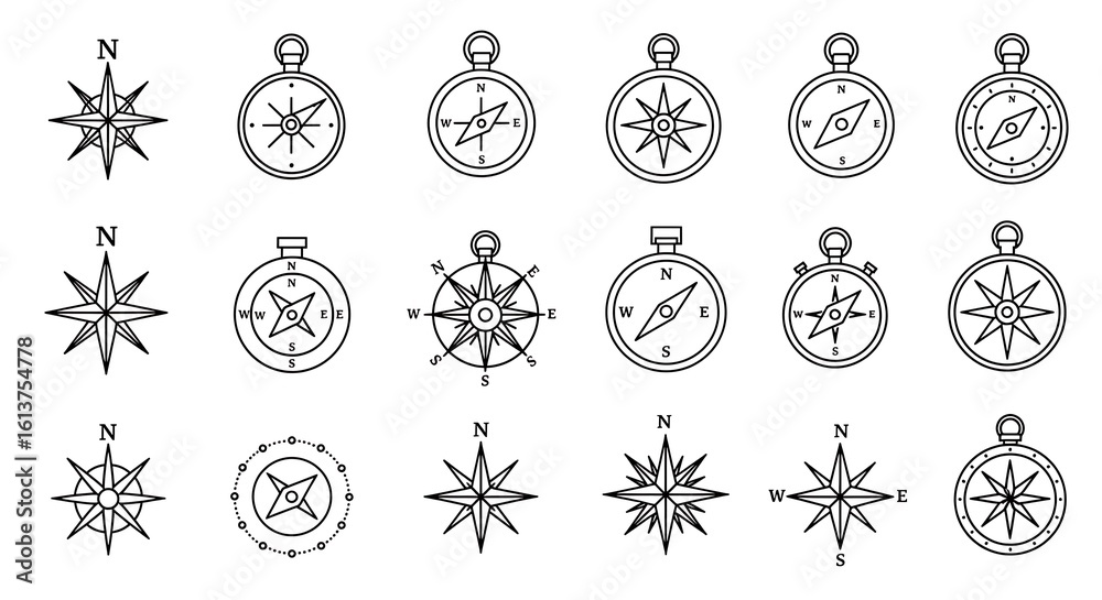 Wall mural various compass designs in a grid layout featuring line art styles and navigational elements shown