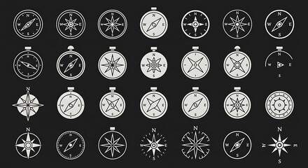 Collection of various compass icons on a black background showing navigation directions and orientation
