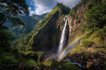 Majestic waterfall cascading down dramatic mountainside, rainbow arches over the falls. Lush greenery surrounds the scene