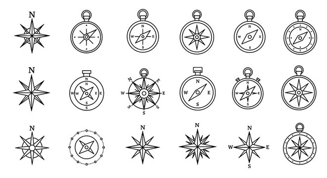 Various compass designs in a grid layout featuring line art styles and navigational elements shown