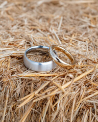 Barn Wedding Concept, Beautiful silver wedding rings on hay inside rustic barn symbolizing marriage celebration and romantic countryside ceremony with nature inspired setting and traditional decor