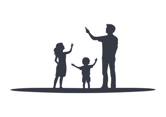 Silhouette of a family pointing upwards father mother and child vector illustration concept for parenting childhood imagination and future dreams
