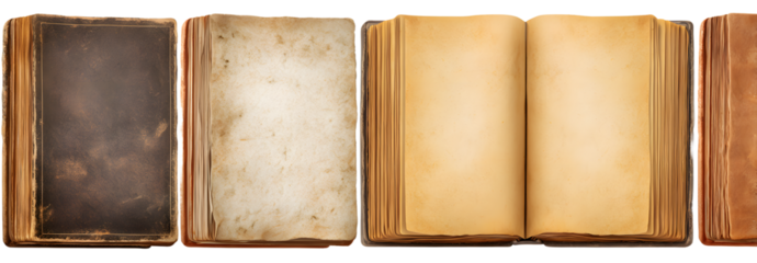Collection of vintage empty books with aged covers and blank yellowed pages isolated on transparent background