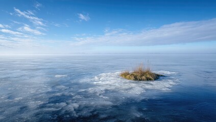 Frozen lake, islet with grass