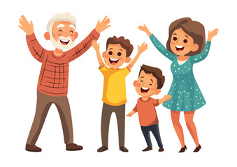 Happy Family Raising Hands Together Grandfather Grandmother and Grandchildren Vector Illustration Isolated on White Background Concept for Greeting Card Poster