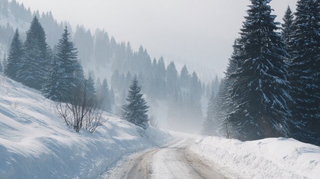 Snowy Mountain Road Lined With Pine Trees In Winter Landscape. Serene And Tranquil Nature Scene - Powered by Adobe