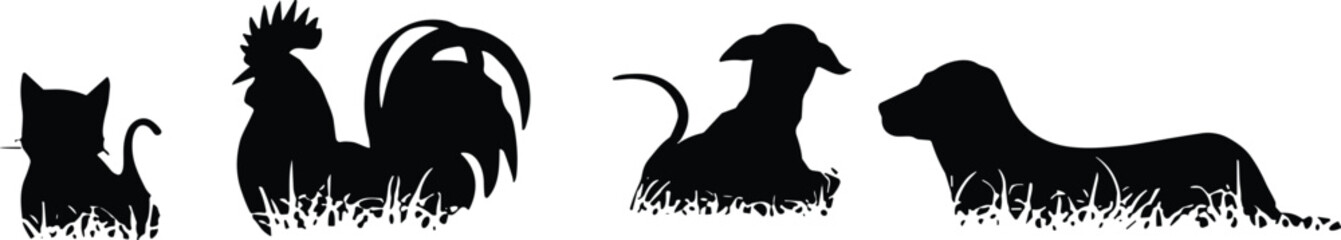 Silhouette of domestic animals sitting on grass including cat, rooster, dogs, pet silhouettes in vector design for animal care, farm, and pet themes