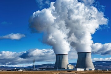 Cooling towers release steam into the air under a cloudy sky in a rural landscape during daytime