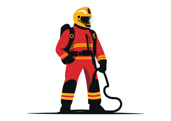 Fototapeta premium Firefighter in protective uniform with hose vector illustration isolated on white background, concept for emergency services, fire department, rescue operations