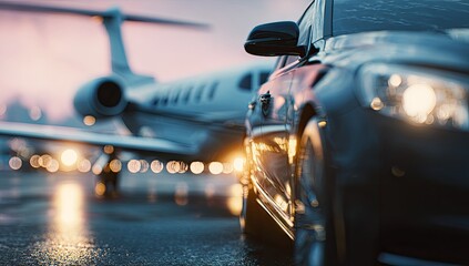 Luxury car near private jet