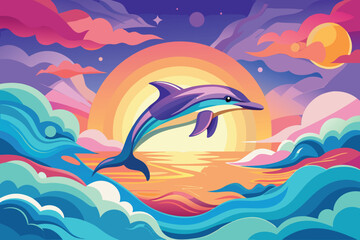 Fototapeta premium Cartoon Dolphin Leaping from the Ocean at Sunset with Colorful Sky