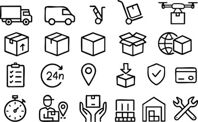 Collection of modern outline icons representing delivery services, logistics, and shipping, including trucks, vans, drones, and packages.