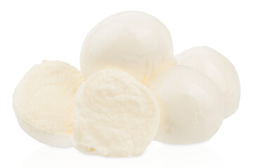 Fresh mozzarella cheese balls isolated on a white background, perfect for salads, snacks, or gourmet dishes.