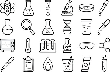 Obraz premium Collection of hand-drawn science icons, perfect for educational materials, websites, or presentations, featuring beakers, test tubes, microscopes, and DNA strands, in a simple, line-art style.