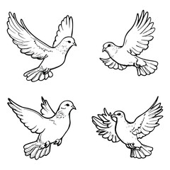 Set of four flying doves vector illustration isolated on white background concept for print web design banner poster sticker card and textile design