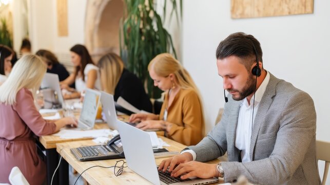 Professional diverse team of business agents working in modern office with laptops headsets and digital interfaces capturing collaborative work atmosphere