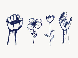 Hand-drawn vector illustration set featuring a raised fist, a flower, a heart-shaped flower, and an open hand, symbolizing power, peace, love, and openness,