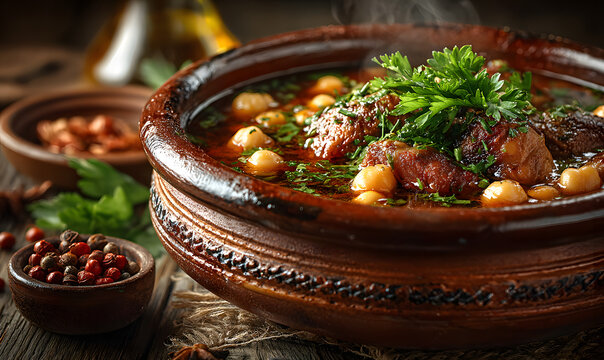 Cozido madrileno in clay dish